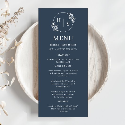 Menu Bleu Nuit Blanc Élégant Classique Mariage
