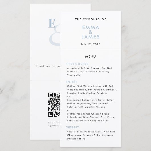 Menu Bleu Poussiéreux Ampersand Mariage | Code QR | Élé (Devant / Derrière)