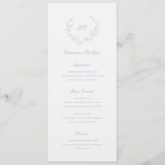 Menu Bleu Poussiéreux Monogramme Nom de l'invité Mariag (Devant)