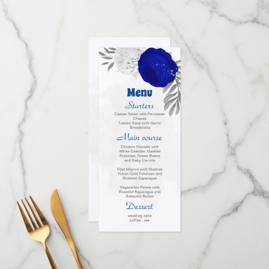 Menu bleu royal et fleurs blanches argent mariage botan (Devant/Arrière en situation)