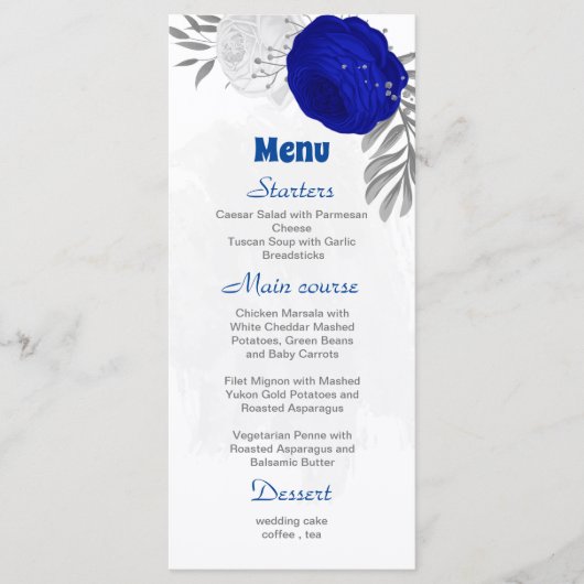 Menu bleu royal et fleurs blanches argent mariage botan (Devant)