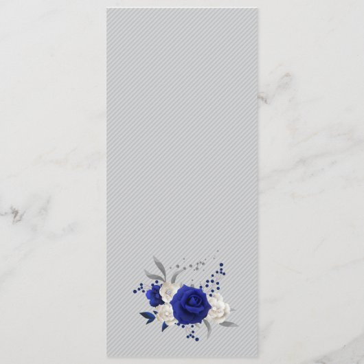 Menu bleu royal fleurs blanches argent feuille mariage (Dos)