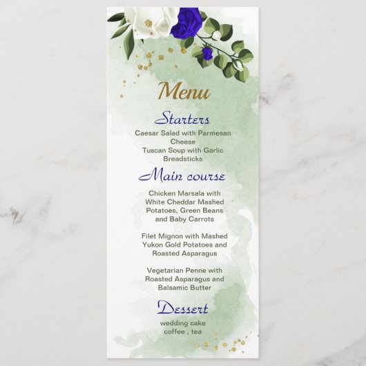 Menu bleu royal fleurs blanches mariage (Devant)