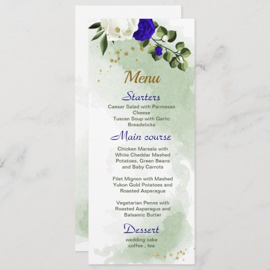 Menu bleu royal fleurs blanches mariage (Devant / Derrière)