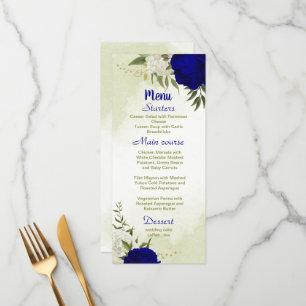 Menu bleu royal fleurs blanches vert feuille mariage