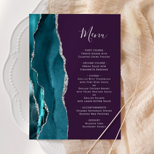 Menu Bleu sarcelle Argent Agate Violet Mariage