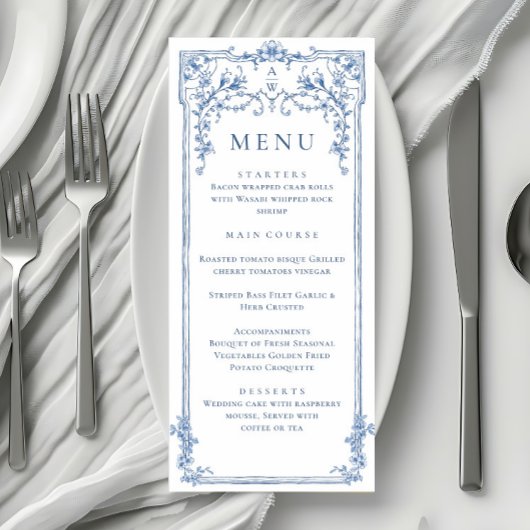 Menu Bleu Victorian Ornate Grace Floral Mariage Dîner
