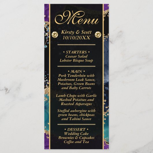 Menu Bleu Violet Sarcelle Or Paillettes Agate Mariage (Devant)