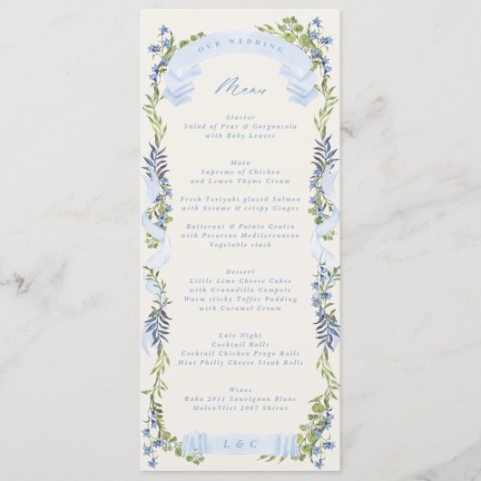 Menu blue and greenery garden crest wreath wedding (Devant)