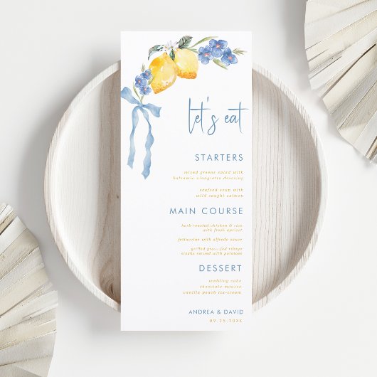 Menu Blue Bow Yellow Lemon Italian Let's Eat Wedding