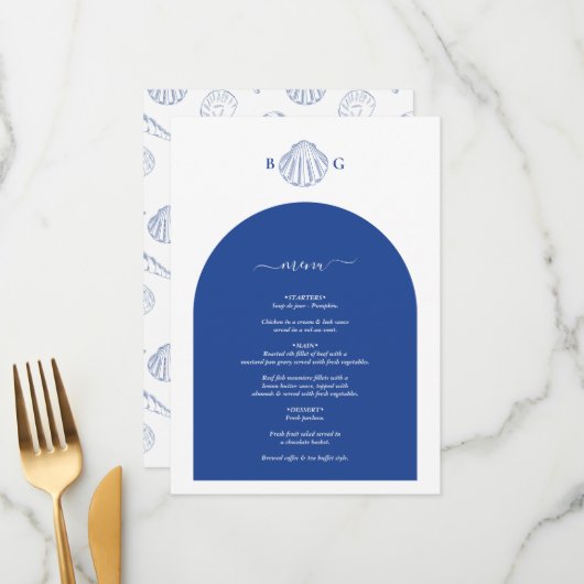 Menu Blue Clam Seashells Coastal Seaside Beach Wedding (Devant/Arrière en situation)