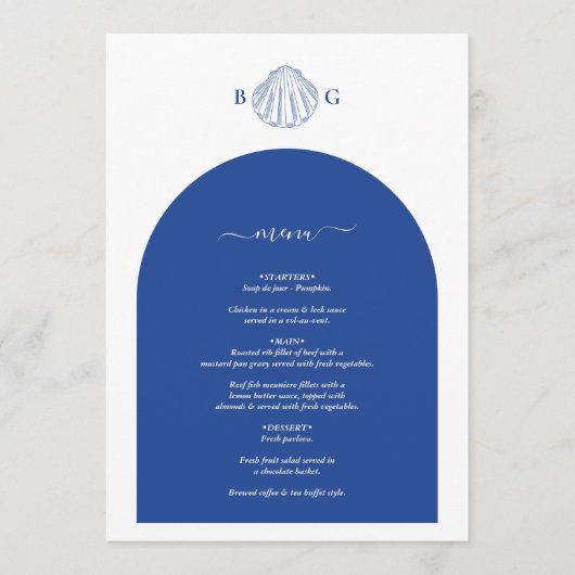 Menu Blue Clam Seashells Coastal Seaside Beach Wedding (Devant)