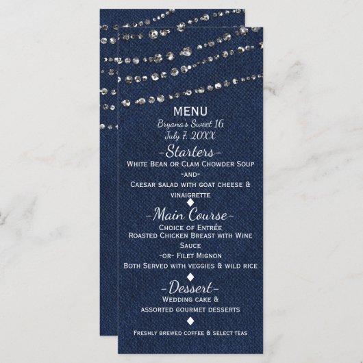 Menu Blue Denim & Diamonds Sparkle Bling Party (Devant / Derrière)