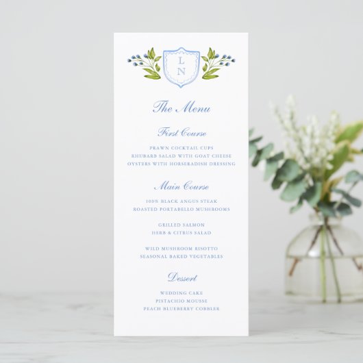 Menu Blue Floral Crest Wedding (Debout devant)