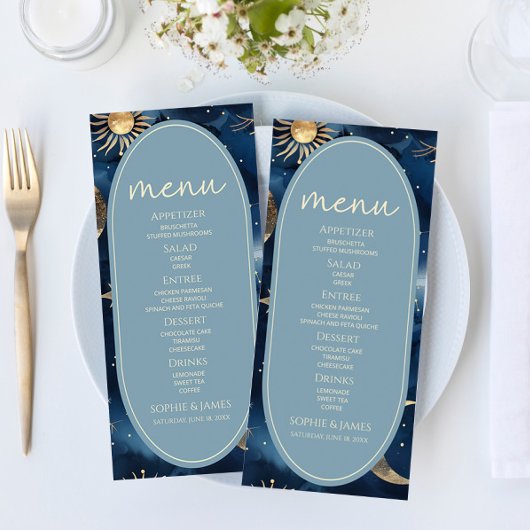 Menu Blue Gold Celestial Elegant Starry Sky Wedding