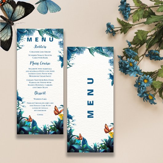 Menu Blue Green Foliage Butterfly Reception Dinner
