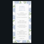 Menu Blue Hydrangea Classic Dîner Mariage<br><div class="desc">Ce magnifique design présente des fleurs d'hydrangée bleue et votre texte personnalisé. Utilisez le formulaire modèle pour ajouter vos informations. L'outil de conception permet d'accéder au menu d'édition avancée où vous pouvez modifier la police,  les couleurs et la disposition du texte,  ou ajouter du texte à l'arrière du menu.</div>