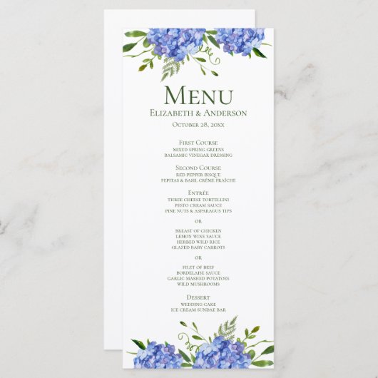 Menu Blue Hydrangeas Floral Mariage d'aquarelle (Devant / Derrière)