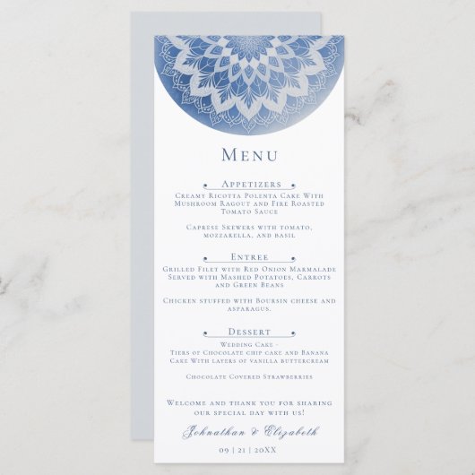 Menu Blue Lace Mandala Wedding (Devant / Derrière)