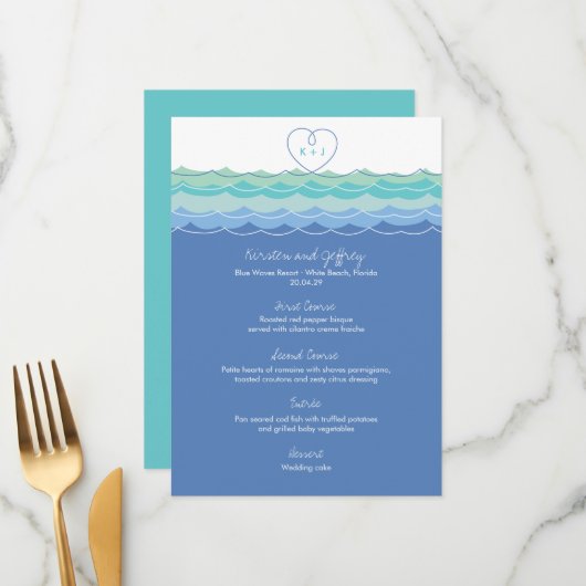 Menu Blue Ocean Wave Loopy Coeur Monogram Beach Mariage (Devant/Arrière en situation)
