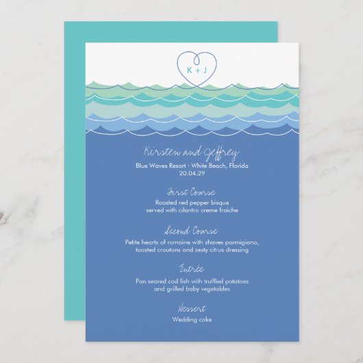 Menu Blue Ocean Wave Loopy Coeur Monogram Beach Mariage (Devant / Derrière)