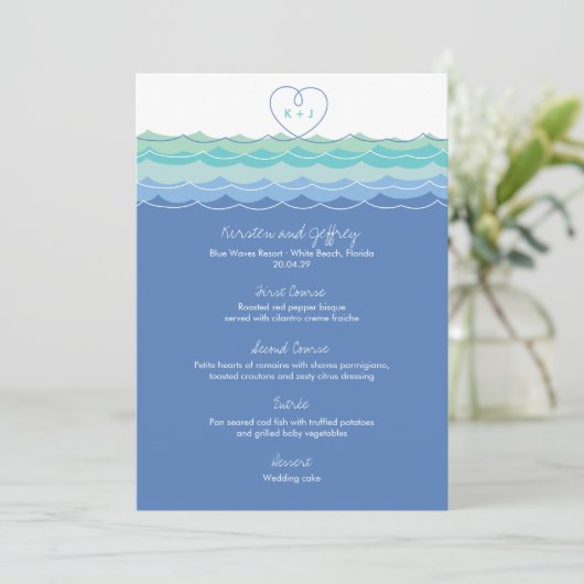 Menu Blue Ocean Wave Loopy Coeur Monogram Beach Mariage (Debout devant)