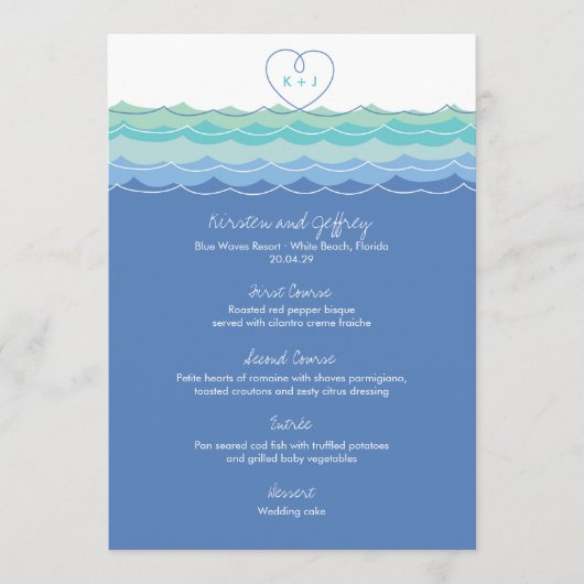 Menu Blue Ocean Wave Loopy Coeur Monogram Beach Mariage (Devant)