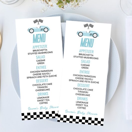 Menu Blue Race Car Baby shower Nourriture