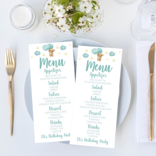 Menu Blue Teddy Bear et Ballons Anniversaire Fête Nourr