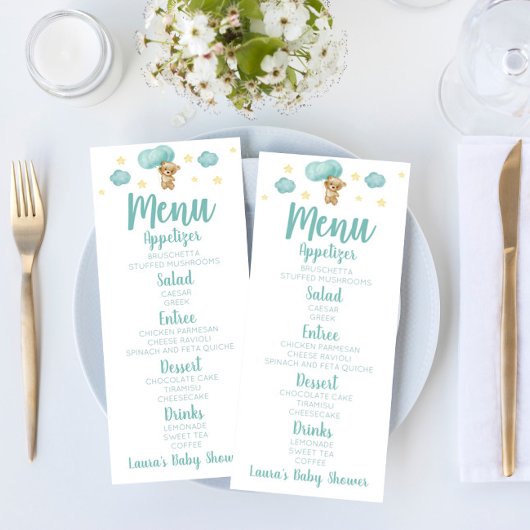 Menu Blue Teddy Bear et Balloons Baby shower Nourriture