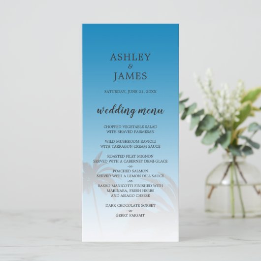 Menu Blue Tropical Palm Tree Beach Wedding (Debout devant)