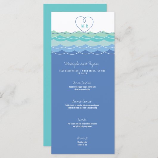 Menu Blue Waves Loopy Love Heart Monogram Beach Mariage (Devant / Derrière)