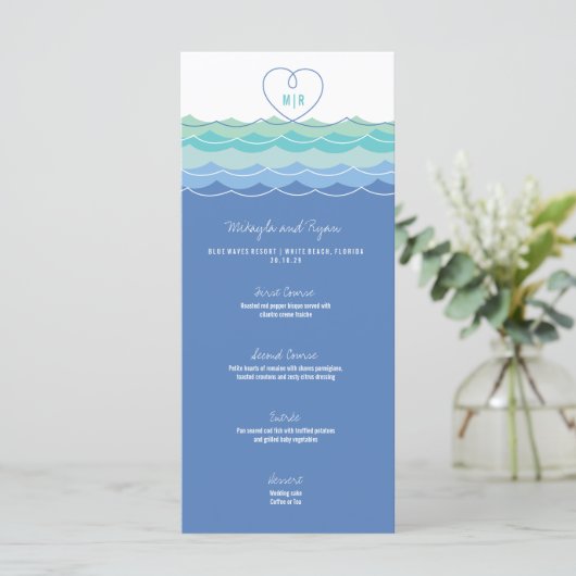 Menu Blue Waves Loopy Love Heart Monogram Beach Mariage (Debout devant)