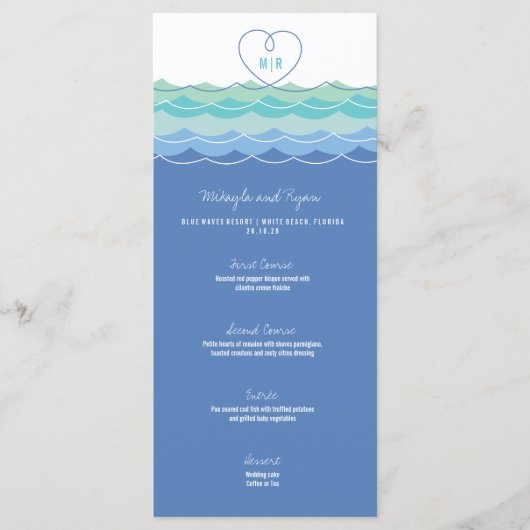 Menu Blue Waves Loopy Love Heart Monogram Beach Mariage (Devant)
