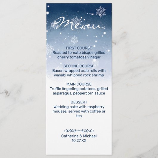 Menu Blue Winter Wonderland Snowfall Noël Mariage (Devant)