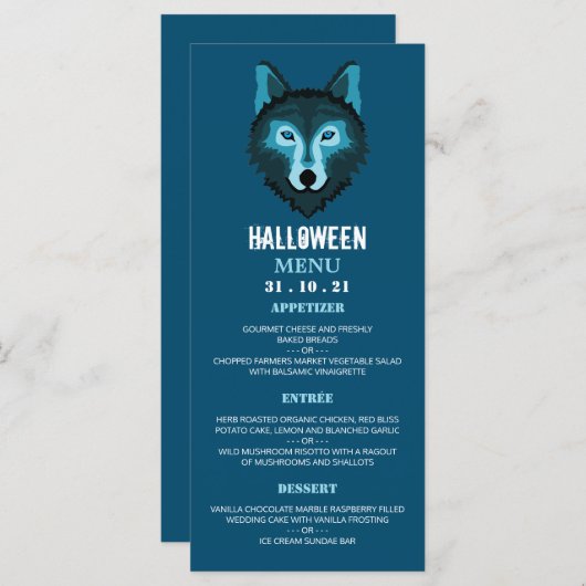 Menu Blue Wolf, fête d'Halloween (Devant / Derrière)
