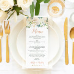 Menu Blush Gold et Green Floral Mariage<br><div class="desc">Caractéristiques de la carte de menu mariage Menu en script avec une formulation personnalisée et un monogramme qui peut être complètement personnalisé, encadré par un aquarelle fleurie avec roses peints, fleurs ranunculus et feuille. Le jeu de couleurs comprend des tons neutres de blanc, crème, rose roux, or, vert et gris...</div>