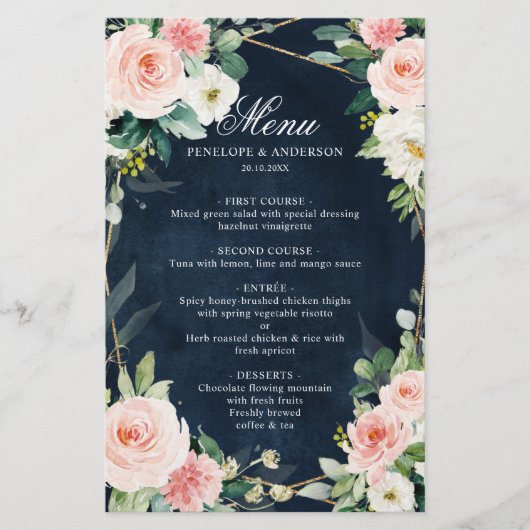 Menu Blush Navy Dusty Blue Botanical Mariage (Devant)