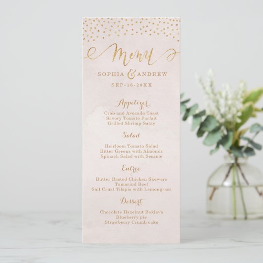 Menu Blush parties scintillant rose or calligraphie mar (Debout devant)