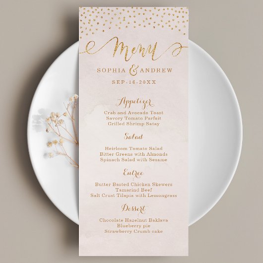 Menu Blush parties scintillant rose or calligraphie mar