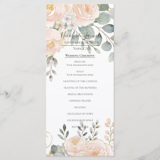 Menu Blush Peony & Eucalyptus Botanical Floral Wedding  (Devant)