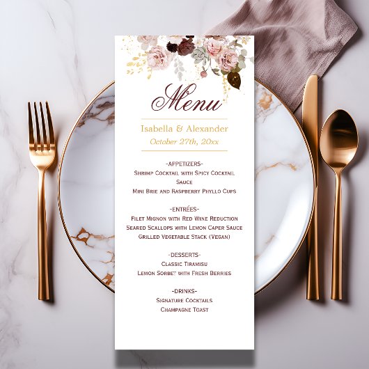 Menu Blush Peony & Gold Burgundy Floral Mariage
