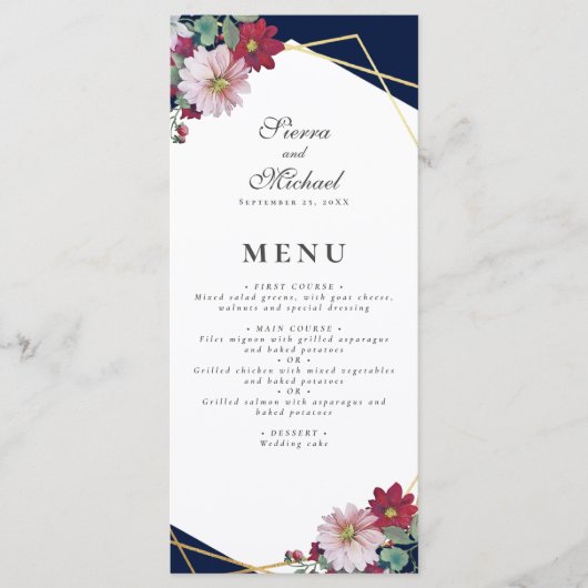 Menu Blush Pink Burgundy Floral Gold Navy Mariage bleu (Devant)