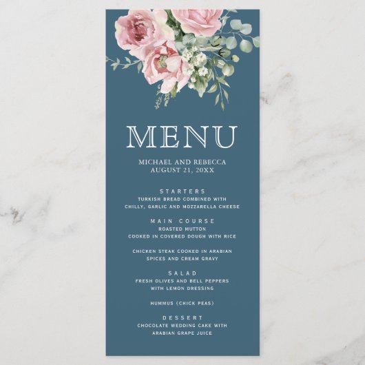 Menu Blush Pink Floral Eucalyptus Dusty Blue Wedding (Devant)