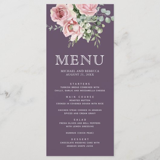 Menu Blush Pink Floral Eucalyptus Dusty Purple Wedding (Devant)