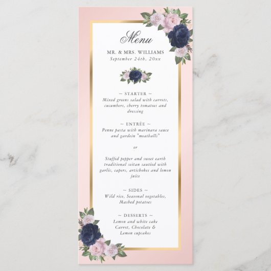 Menu Blush Pink Navy Blue Gold FlorMariage (Devant)