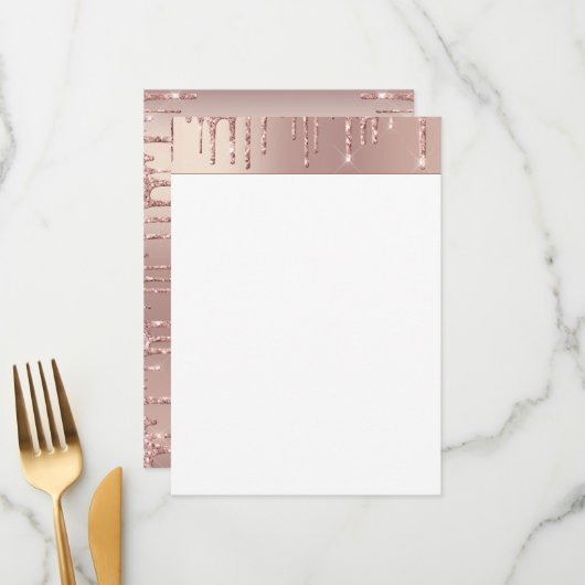 Menu Blush Rose Gold Paillettes Brillance Gouttes Chic (Devant/Arrière en situation)