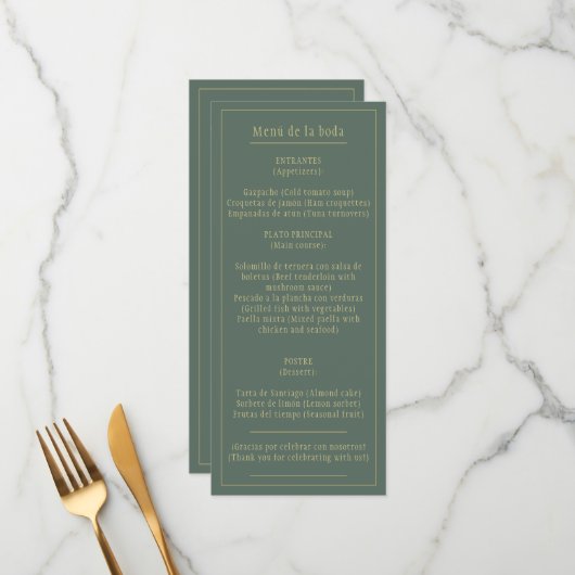 Menú Bodas Oro Verde Oliva Bilingüe Español Inglés Menu (Voorkant / Achterkant in situ)