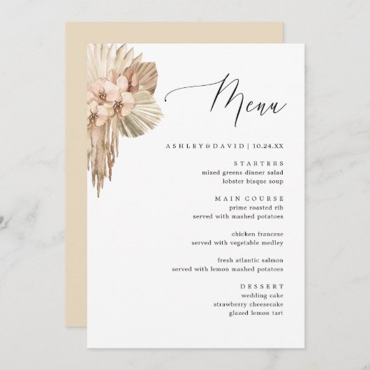 Menu Bohemian Pampas Grass Mariage de automne Dîner Men (Devant / Derrière)