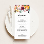Menu Boho Aquarelle Automne Fleurs Mariage de automne<br><div class="desc">Ajoutez un accent floral élégant à votre paysage de table d'évènement avec cette carte de menu floral personnalisable. Il présente une guirlande florale aquarelle de fleurs d'automne orange, rose, bordeaux et jaunes aux accents d'eucalyptus et de verdure. Personnalisez cette carte de menu floral aquarelle en ajoutant vos propres détails. Cette...</div>